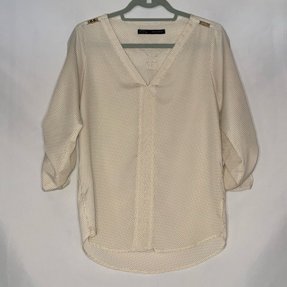 Zara Basic Cream Polka Dot Blouse 3/4 Sleeve V-Neck Top Size S EUC